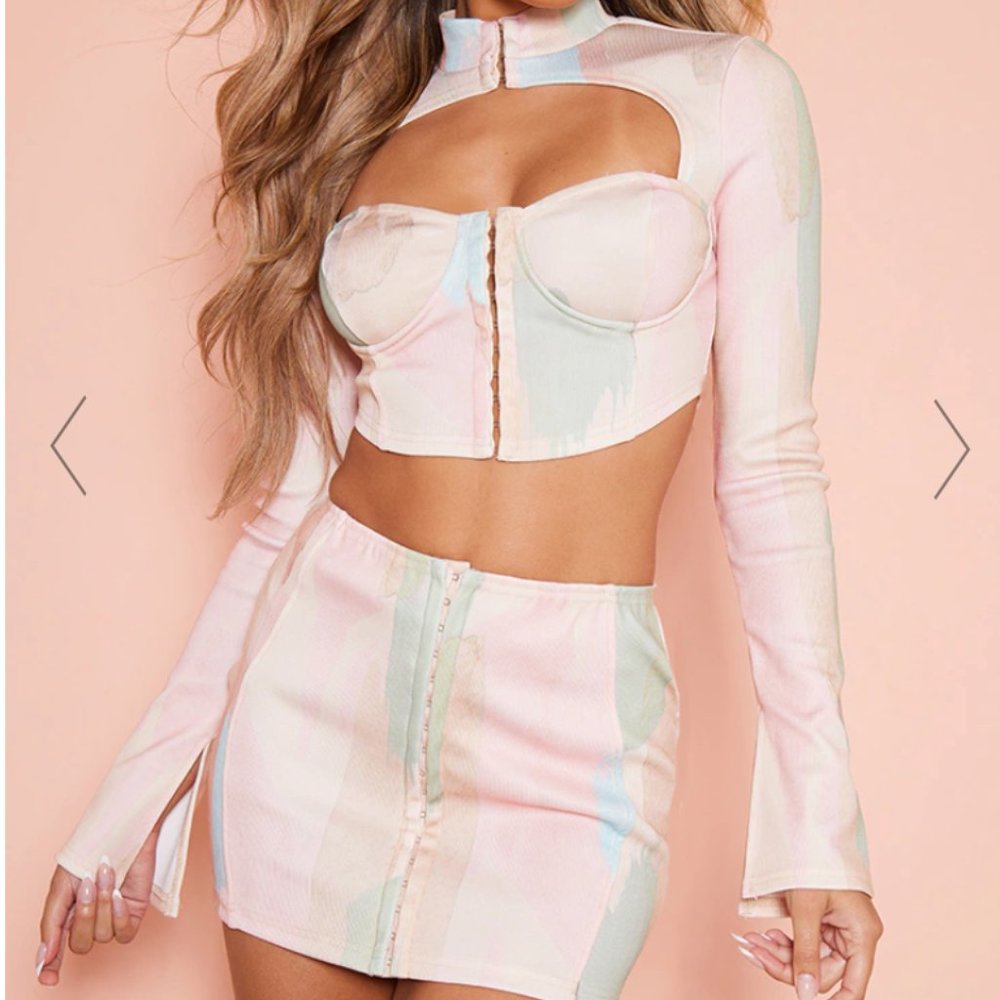 Cream printed Mini skirt & Top set
